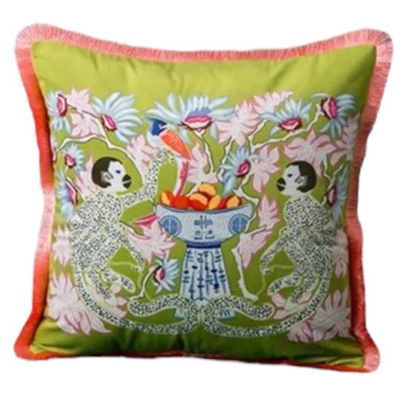 NWT Pillow Cover Grandmillennial Monkeys - Pink Green Chinoiserie Staffordshire - Picture 5 of 16